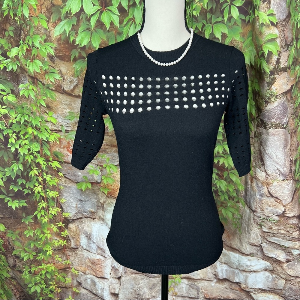 AUTUMN CASHMERE Black Pointelle Short Sleeve Sweater, S - Picture 2 of 10